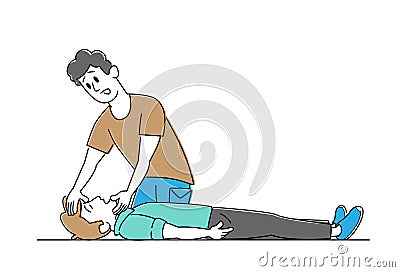 Character First Aid Help to Victim on Floor. Man Lift Chin to Diseased Patient for Check Breathing. Nursing Training Vector Illustration