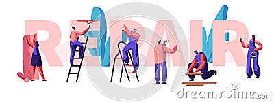 Character Fix House, Office or Shop Banner. Diagnosis and Repair of Problem in a Home. Glues Wallpaper and Paints the Wall Vector Illustration