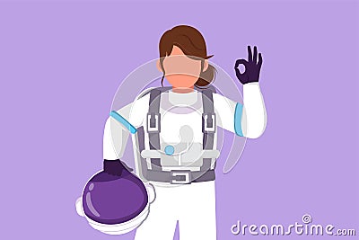 Character flat drawing of active female astronaut holding helmet with okay gesture wearing spacesuit ready to explore outer space Cartoon Illustration
