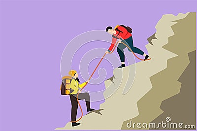 Character flat drawing of active man and woman hikers climbing up mountain and one of them helping to each other with rope, Cartoon Illustration