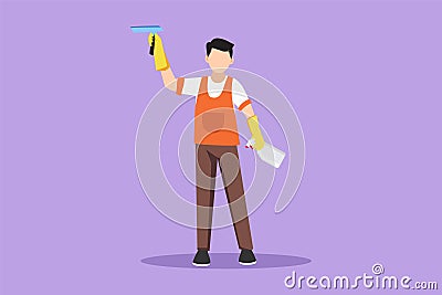 Character flat drawing active smiling cleaning staff member is wiping window with brush and spray. Concept of man cleaning windows Cartoon Illustration