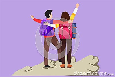 Character flat drawing back view of romantic couple hikers with raised hands in mountain valley at sunrise. Travel, tourism, hike Cartoon Illustration