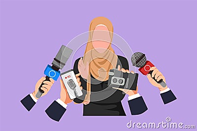 Character flat drawing beautiful Arabian woman giving interview. Hands of journalists holds microphones. Concept of news, Cartoon Illustration