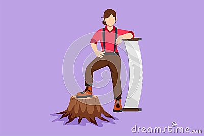 Character flat drawing beautiful woman lumberjack wearing suspender shirt, standing with big steel saw, posing with one foot on Vector Illustration