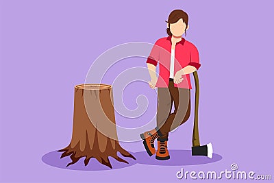 Character flat drawing beautiful woman lumberjack wearing workwear, standing with axe and posing with one foot on a tree stump. Vector Illustration