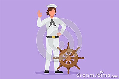 Character flat drawing beauty sailor woman standing with okay gesture to be part of cruise ship, carrying passengers traveling Cartoon Illustration