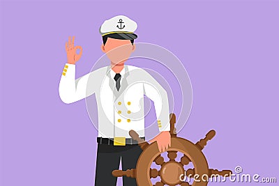 Character flat drawing bravery sailor man with okay gesture ready to sail across seas in ship that is headed by captain. Active Cartoon Illustration