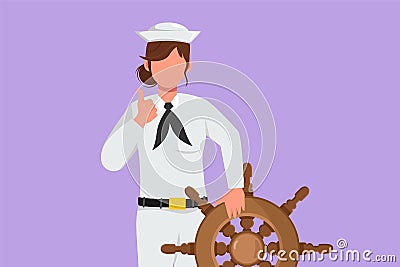 Character flat drawing bravery sailor woman with thumbs up gesture ready to sail across seas in ship that is headed by captain. Cartoon Illustration