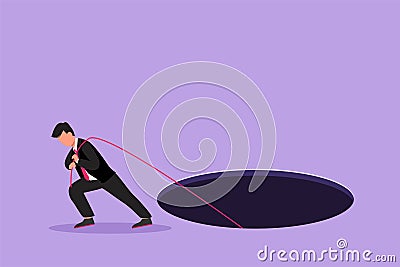 Character flat drawing of businessman trying hard pulling rope to drag something from hole, metaphor to facing big problem. Cartoon Illustration