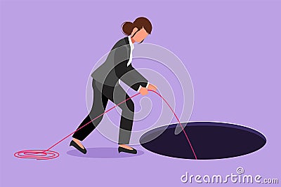 Character flat drawing businesswoman stretch out rope into hole. Woman wondering and looking at big hole, business concept in Cartoon Illustration