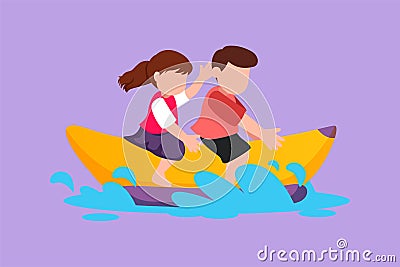 Character flat drawing children having fun on banana boat. Happy kids with rides banana boat on beach waves. Little boy and girl Cartoon Illustration