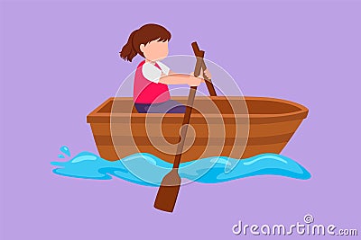 Character flat drawing cute little girl paddling boat at river. Pretty kids riding wooden boat. Kids rowing boat on lake. Happy Cartoon Illustration