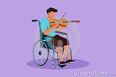 Character flat drawing of disability and music. Man in wheelchair plays violin. Physically disabled, injured body. Person in Cartoon Illustration