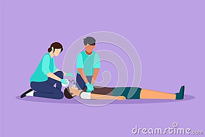 Character flat drawing emergency doctors doing cardiopulmonary resuscitation of man at emergency room. Paramedic giving indirect Vector Illustration