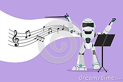 Character flat drawing expressive robot conductor directing music orchestra. Classical music. Modern robotic artificial Cartoon Illustration