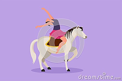 Character flat drawing female acrobat performs on circus horse while dancing on horseback and raise her hand. Horse joins the Cartoon Illustration