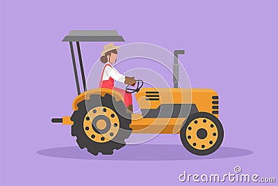 Character flat drawing female farmer drive tractor to plow the field. Start new planting period. Successful farming challenge at Cartoon Illustration