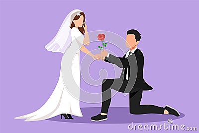 Character flat drawing handsome man on knee gives flower to beautiful woman. Young guy giving to cute girl rose flower in wedding Cartoon Illustration