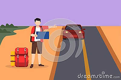 Character flat drawing hitchhiking man with luggage and thumbs up waiting for car by roadside. Young male thumbing or hitching Cartoon Illustration