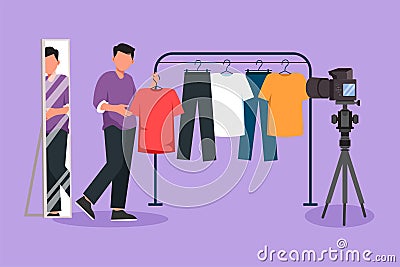 Character flat drawing of man blogger records video tips for choosing clothes, shows trending clothing models to his subscribers. Cartoon Illustration