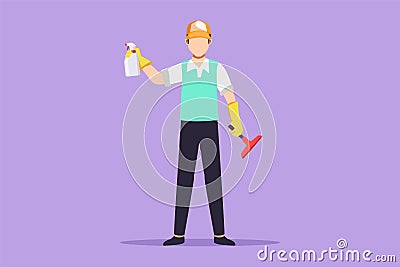 Character flat drawing man cleaning and tidying home, male wiping window glass with detergents and special supplies. Cleanup and Cartoon Illustration