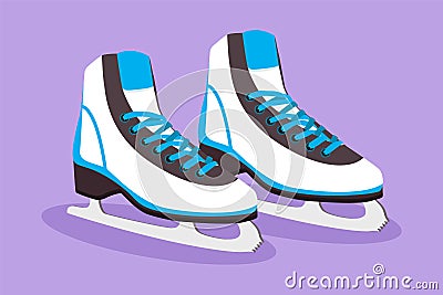 Character flat drawing pair of figure skates. White women ice skate shoes logo, label, icon, symbol. Freezing winter day. Ice Cartoon Illustration