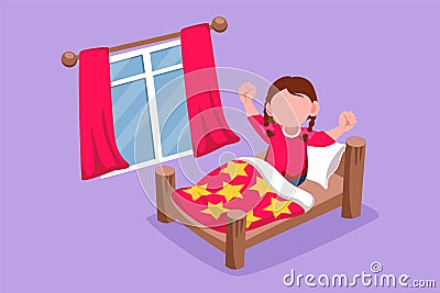 Character flat drawing pretty little girl wake up and still yawning, still lying in bed under blanket. Sleepy child on bed in late Cartoon Illustration