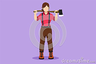 Character flat drawing pretty woman lumberjack in plaid shirt, jeans with belt, leather boots holding on her shoulder a ax with Vector Illustration