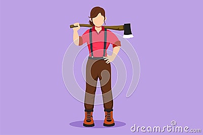 Character flat drawing pretty woman lumberjack pose on logging forest. Beautiful female lumberjack standing and holding on her Vector Illustration