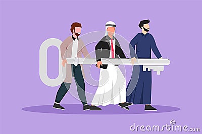 Character flat drawing problem solving team of business man with key solution concept. Arab businessmen carry big golden key. Cartoon Illustration