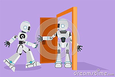 Character flat drawing robot at the door welcomes his friend in, inviting his friend to get into his factory. Hospitality or Cartoon Illustration