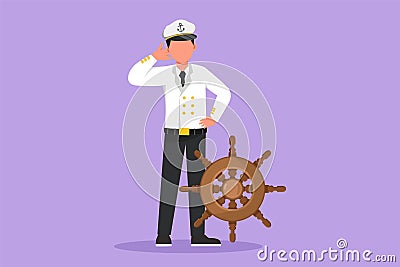 Character flat drawing sailor man standing with call me gesture to be part of cruise ship, carrying passengers traveling across Cartoon Illustration