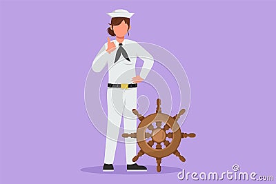 Character flat drawing of sailor woman standing with thumbs up gesture to be part of cruise ship, carrying passengers traveling Cartoon Illustration