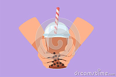 Character flat drawing stylized hands person holding drinking brown sugar flavor tapioca pearl bubble milk tea with glass straw in Cartoon Illustration