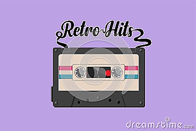 Character flat drawing stylized tape spelling word retro hits. Hand drawing print design. Tape and slogan. Modern musical cassette Cartoon Illustration