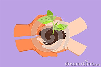 Character flat drawing top view of two hands holding together young of tree. Hand kids team work protecting and reduce global Cartoon Illustration