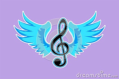 Character flat drawing of treble clefs with wings isolated on blue background. Winged feather violin clef or music symbol. Musical Cartoon Illustration
