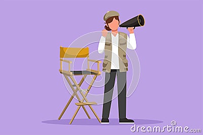 Character flat drawing woman film director stands and holding megaphone with celebrate gesture while prepare camera crew for Cartoon Illustration