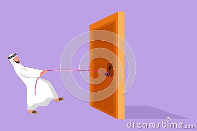 Character flat drawing young Arab businessman pulling door with rope, metaphor to facing big problem. Business struggles in market Cartoon Illustration