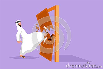 Character flat drawing young Arabian businessman kicks the door until door shattered. Man kicking locked door and destroy. Cartoon Illustration
