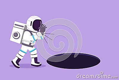 Character flat drawing young astronaut scream into pit hole in moon surface. Spaceman searching opportunity, exploration, Cartoon Illustration