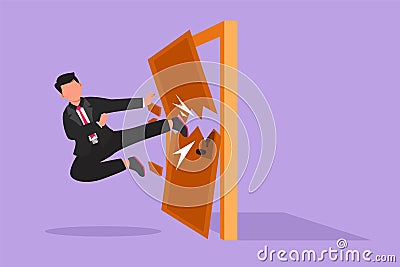 Character flat drawing of young businessman kicks the door with flying kick until door shattered. Man kicking locked door. Cartoon Illustration