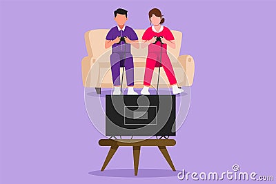 Character flat drawing young family couple sitting on sofa playing computer games on gaming console and watching tv set. Romantic Vector Illustration