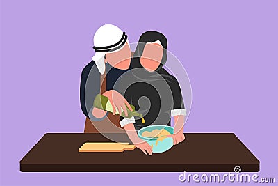 Character flat drawing young husband helping his beauty wife make dough by adding olive oil. Pastry preparation in cozy kitchen at Vector Illustration