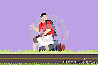 Character flat drawing young man with backpacks sitting near road and hitchhiking. Male thumbing or hitching ride. Adventure Cartoon Illustration