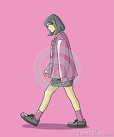 Character girl short hair when walking. Vector Illustration