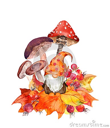 Character gnome with autumn leaves, mushrooms. Forest fall card design. Watercolor drawing scandinavian dwarf. Artisic Cartoon Illustration