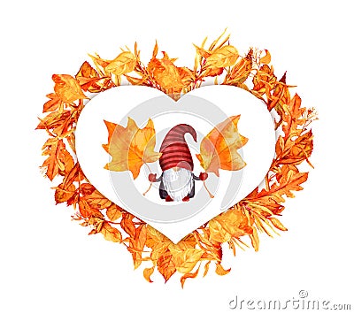 Character gnome in autumn leaves wreath heart shape. Natural frame with yellow plants , magical scandinavian dwarf Stock Photo