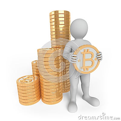 Character with gold bitcoins. Stock Photo