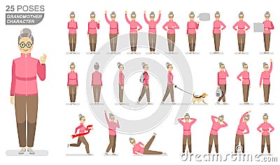 Character grandmother in a pink sports sweater and brown pants in various poses on a white background. Vector Illustration